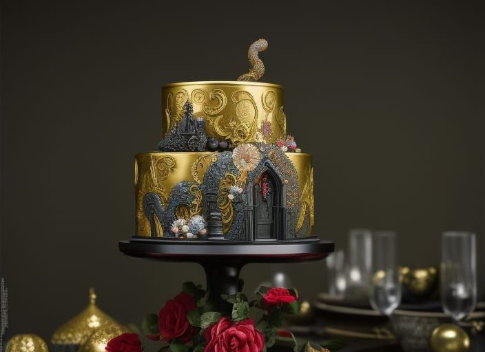 Elaborate Fantasy Cake with Candy, Hyperdetailed Painting