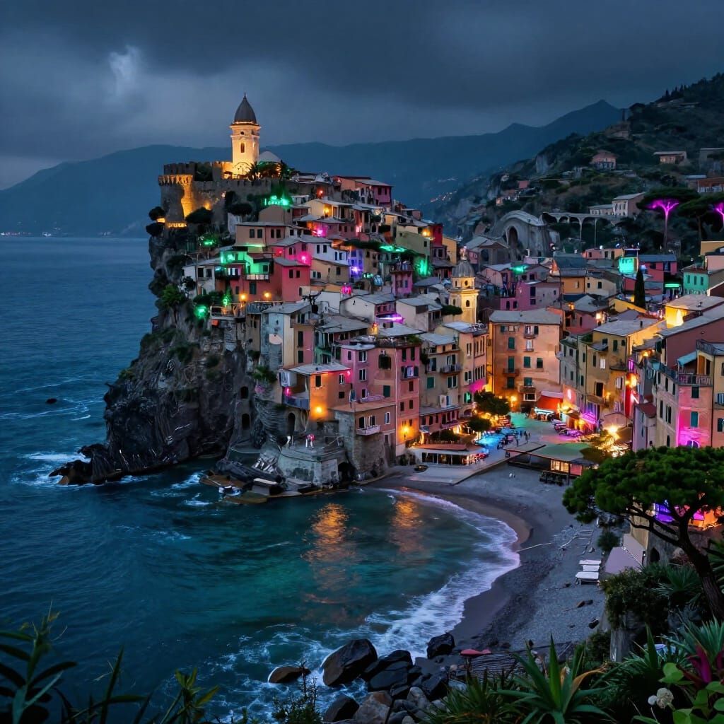 Cyberpunk Portovenere: Neon Lights Over Italian Coastline