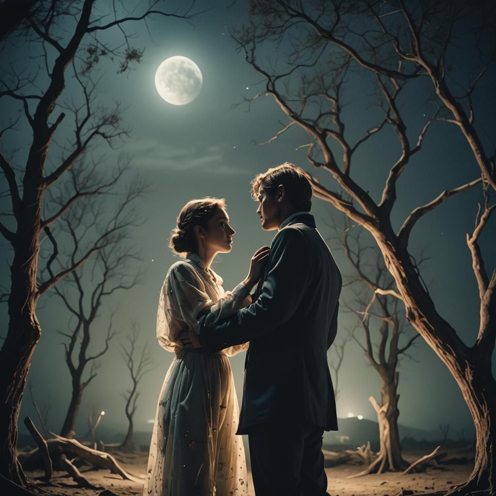 Entwined Figures Under Pale Moon: Cinematic Film Still