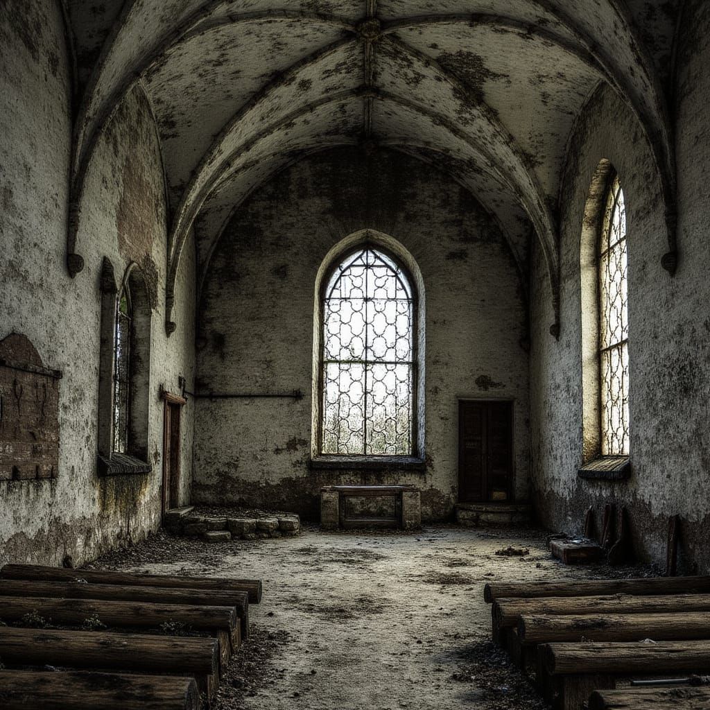 Abandoned Church With Tiled Windows in Eraserpunk Flux Style