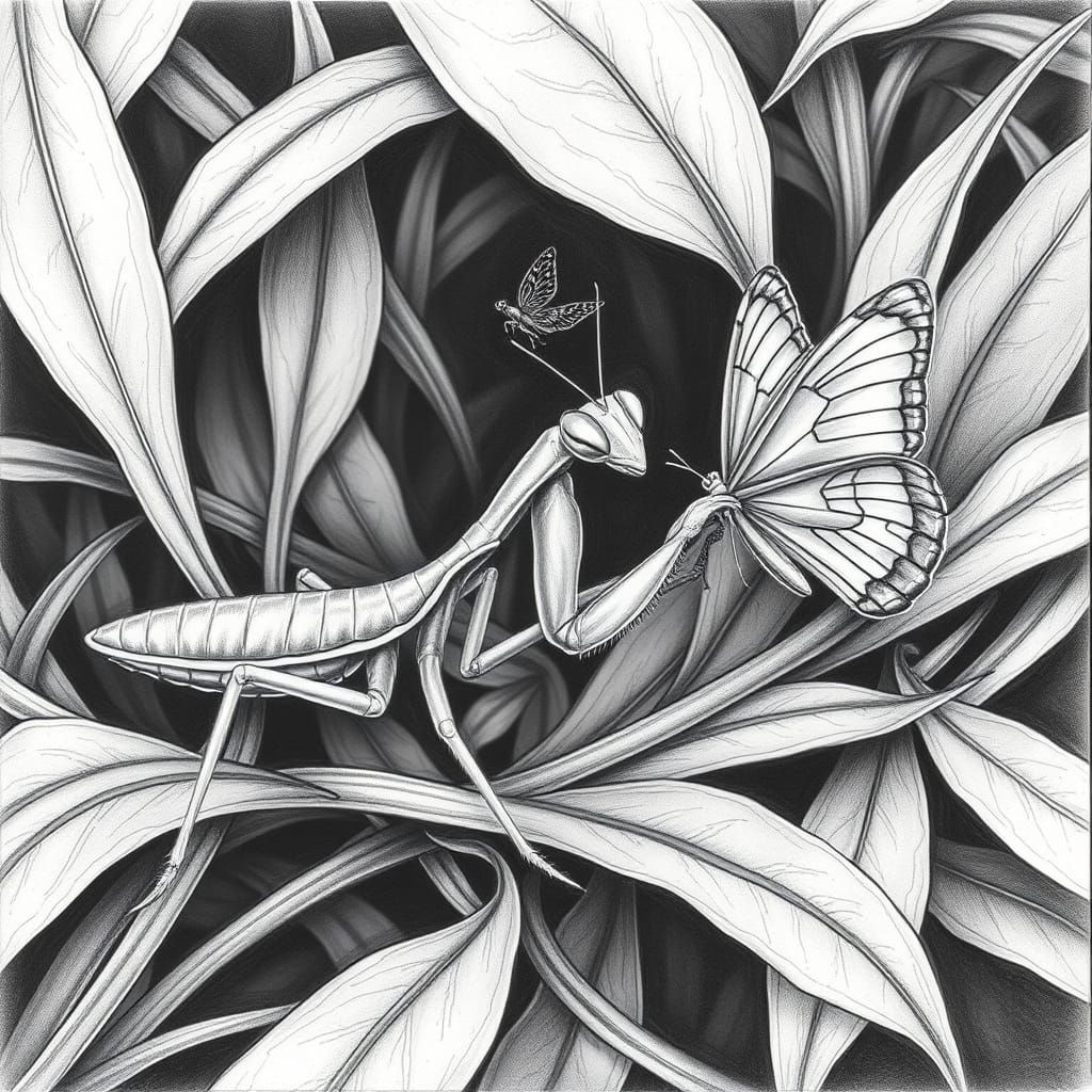 Praying Mantis Hunts Butterfly in Charcoal Drawing