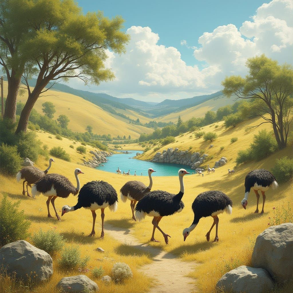 Ostriches Roaming in Impressionistic Natural Landscape