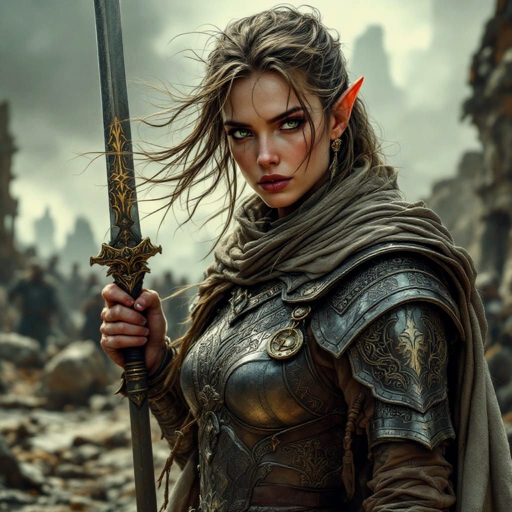 Hyper-Detailed Dark Fantasy Elven Warrior in Battle-Scarred ...