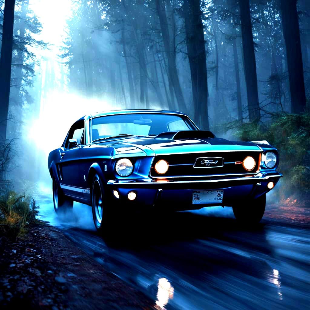 Ford Mustang Dark Horse Drives Through Night Woods