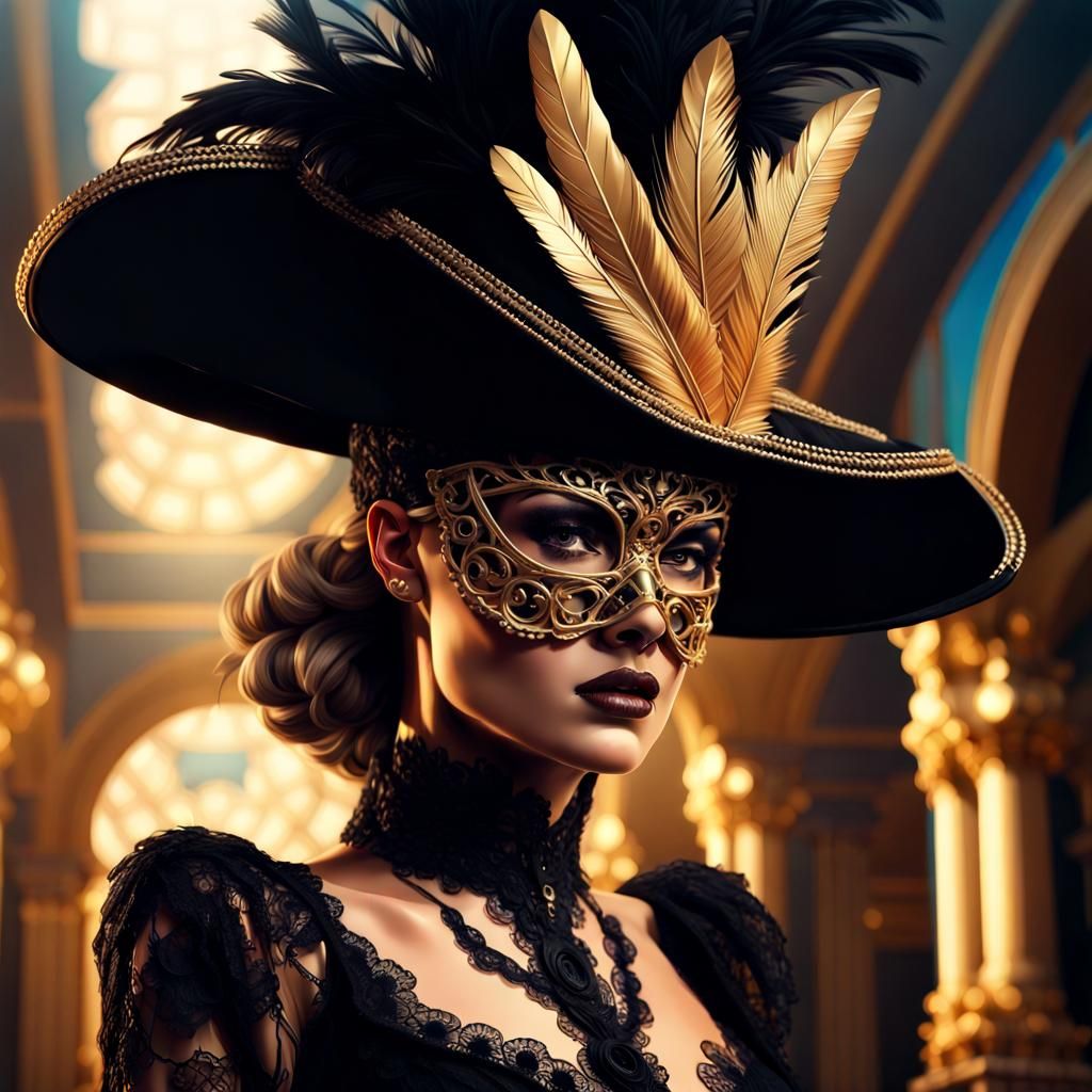 European female in a lace black mask with a black cap and gold feather and dressed in an exquisite black dress.