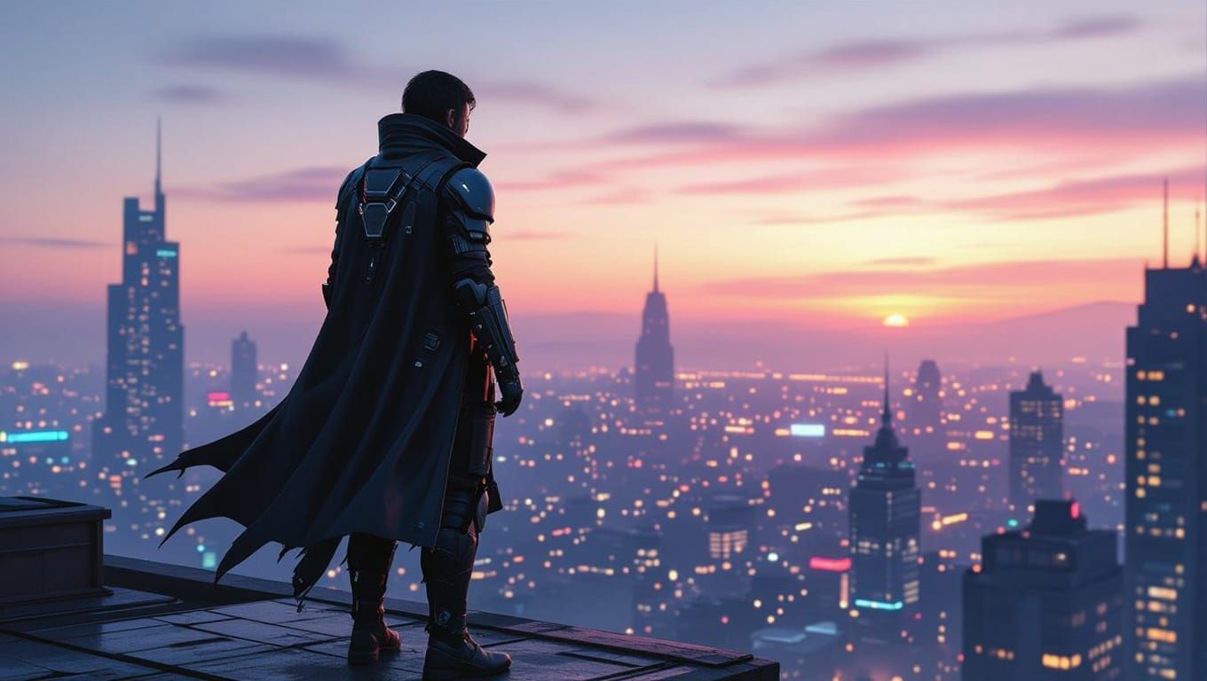 Cyberpunk Netrunner Surveys Transformed Cityscape at Dawn