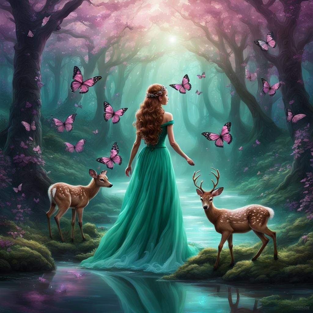 Mystical Forest Scene with Fairy in Sunlight