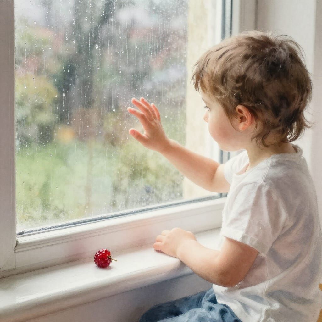 Child Contemplating Rain by Window in Watercolor Style