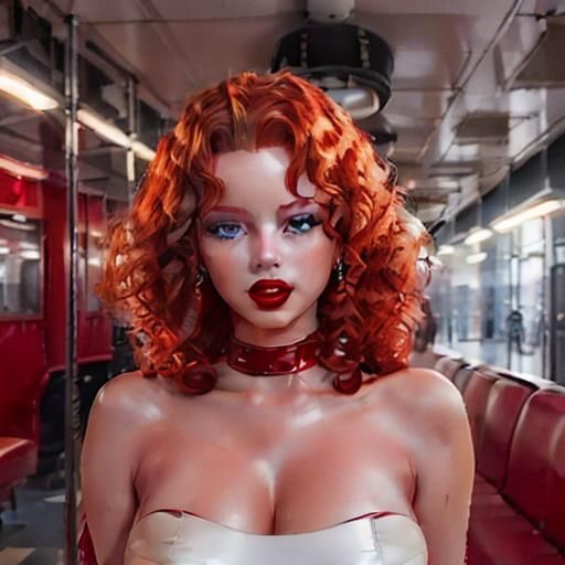 Redhead in Latex Dress at Train Station