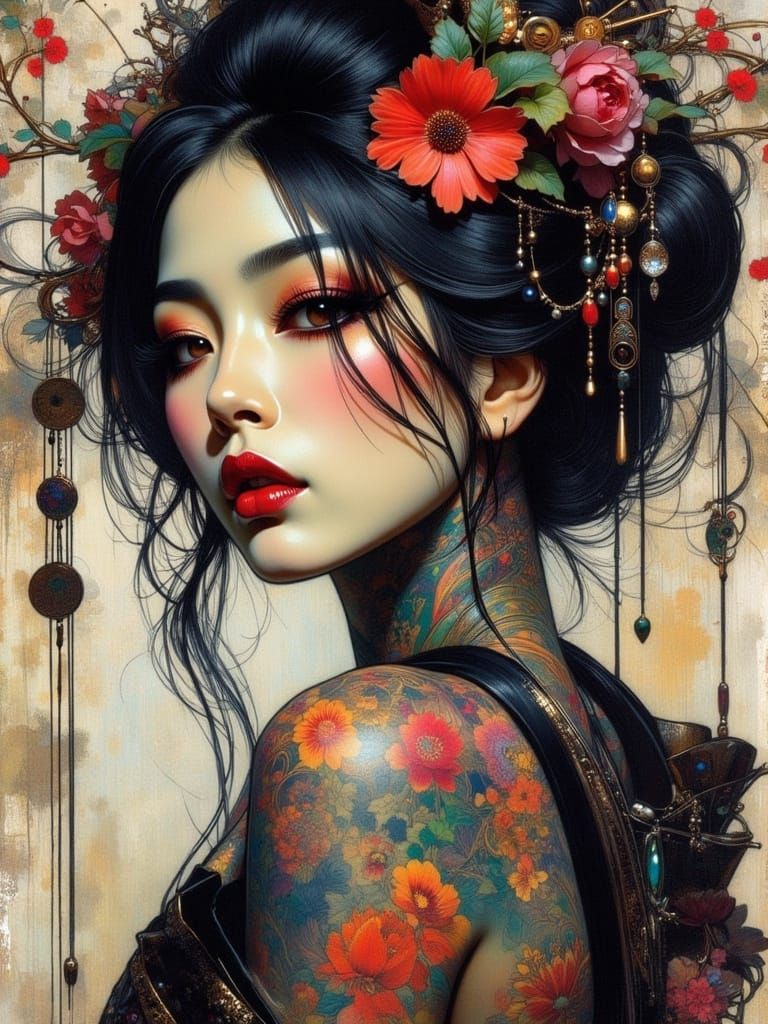 Art Nouveau Geisha Portrait in Colored Pencil