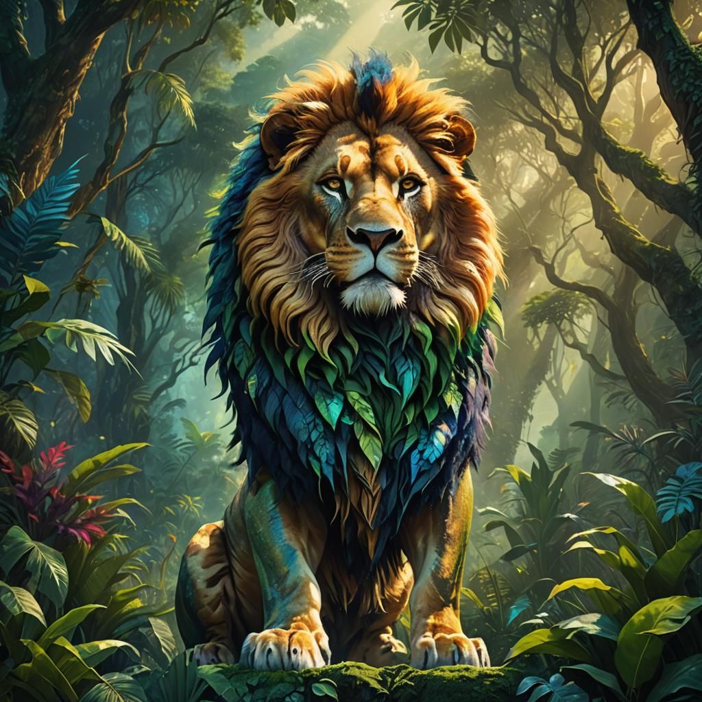 Majestic Lion-Man Hybrid in Lush Jungle