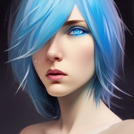 Blue Hair Portrait in Hyperdetailed Digital Art Style