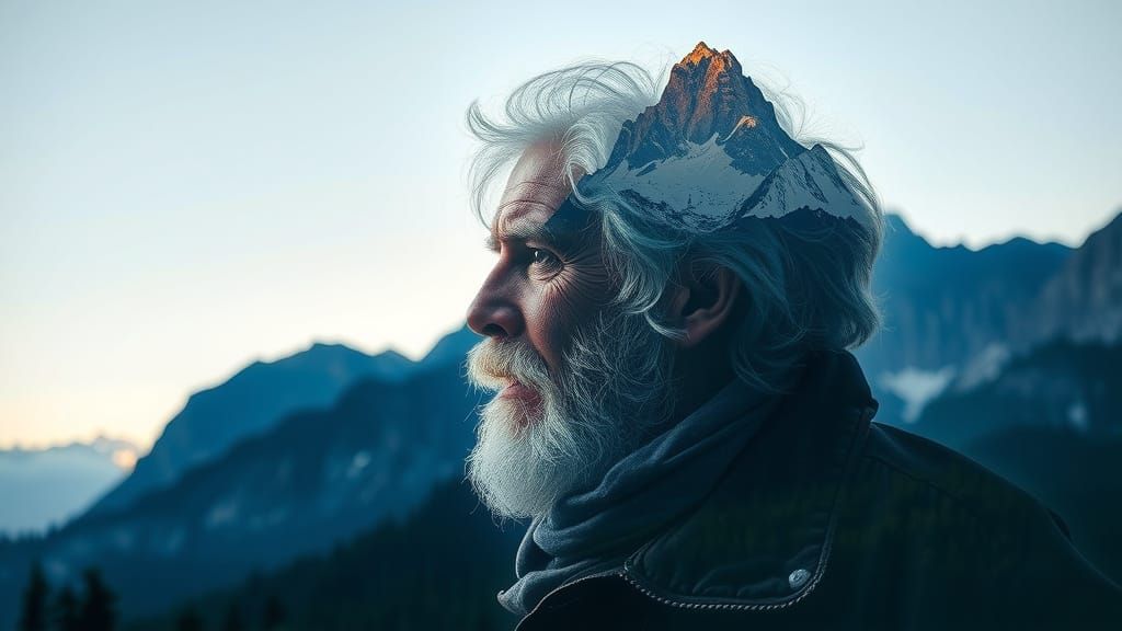 Old Mountain Man in Double Exposure Art