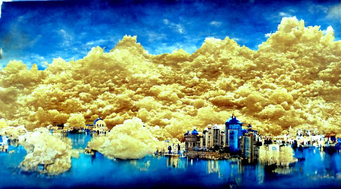 Surreal Cityscape Over a Shimmering Blue Lake