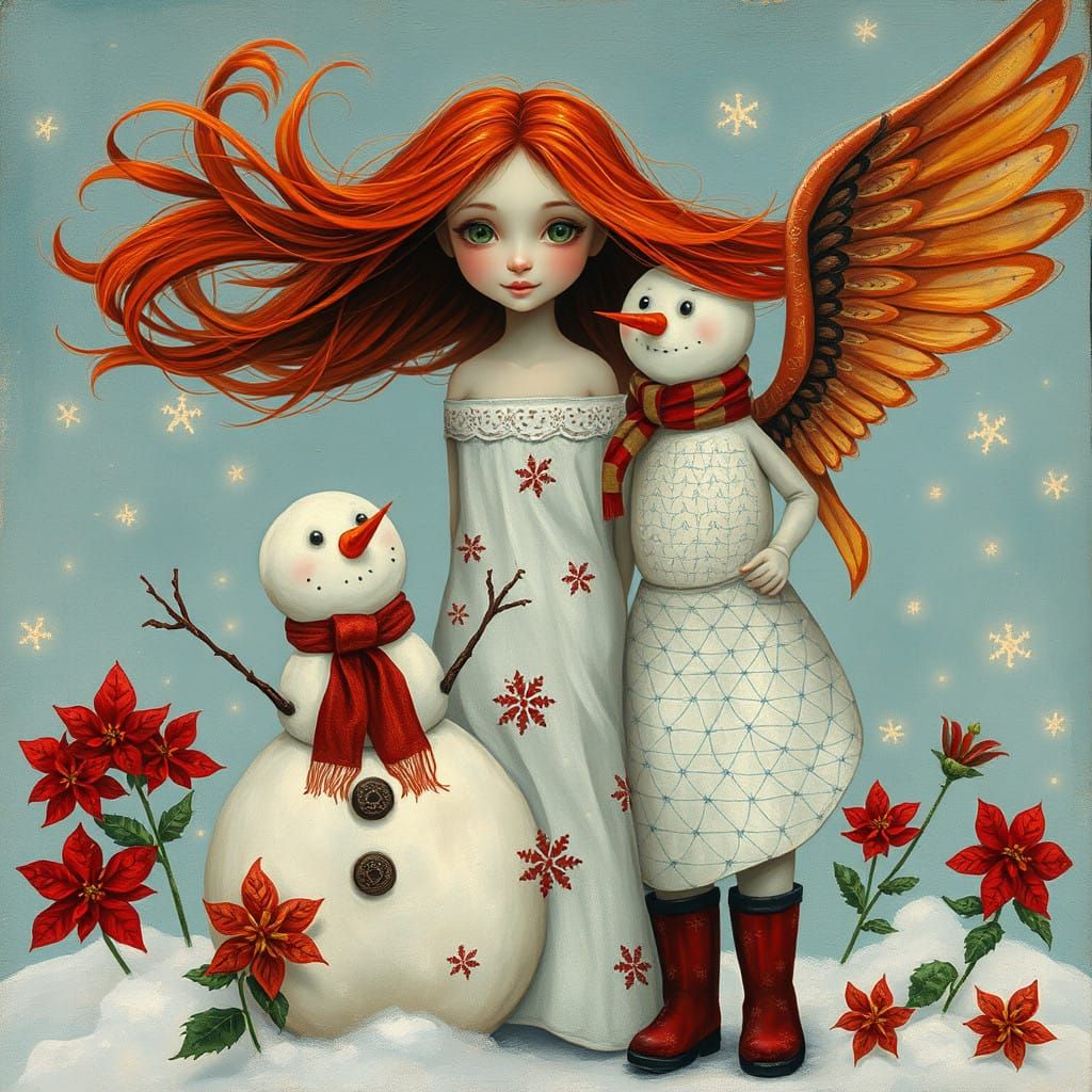 Surreal Winter Goddess and Snowman in Whimsical Fantasy Scen...