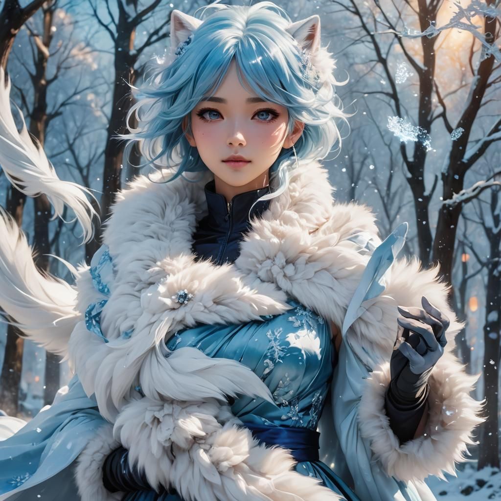 Anime Girl with Fox in Icy Wind