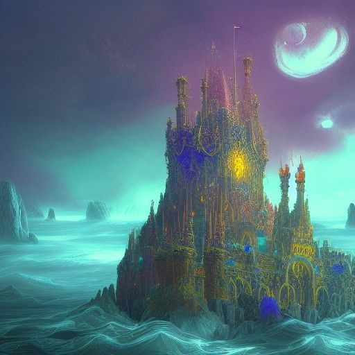 Psychedelic Castle Floating Above Endless Ocean