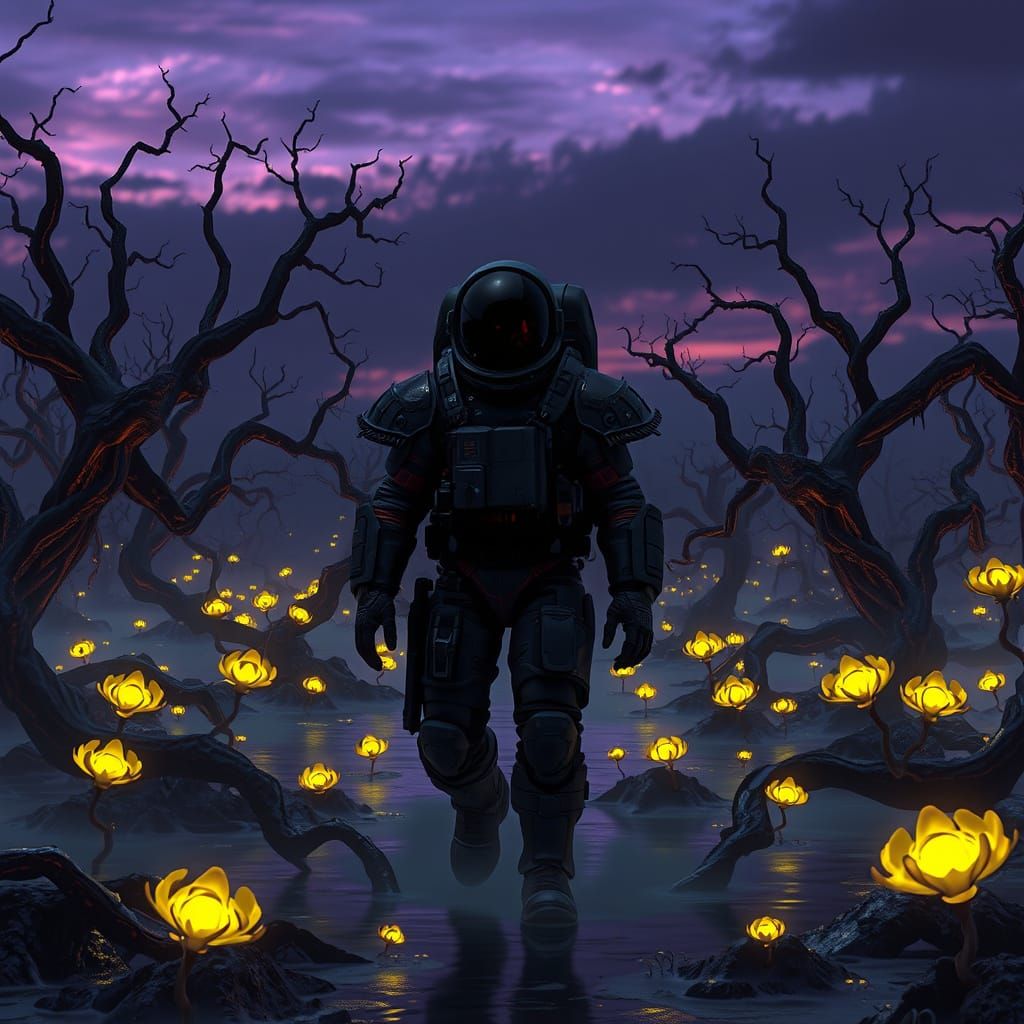 Evil Astronaut in Bioluminescent Swamp