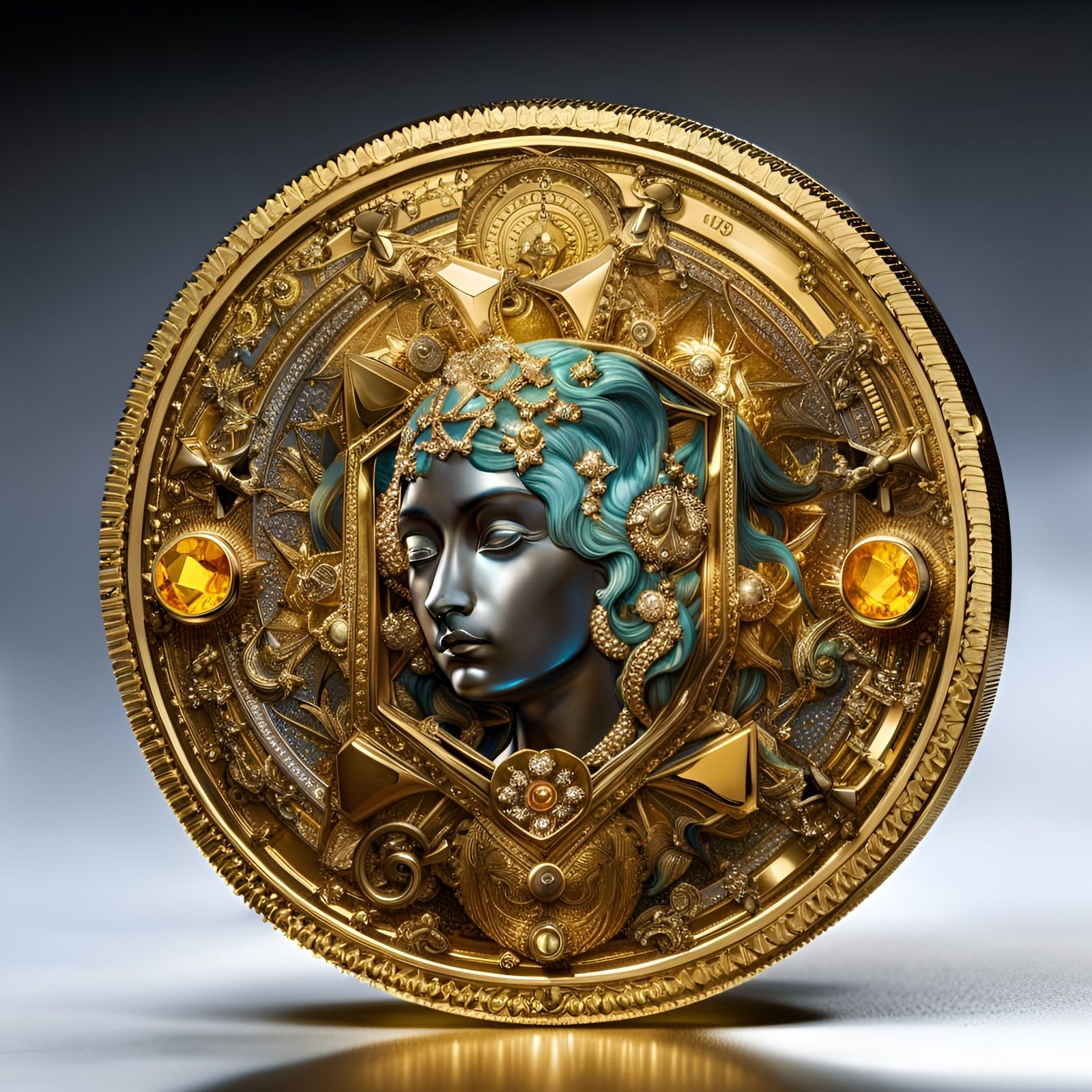 Ornate Gold Tesseract Coin with Citrine Detail