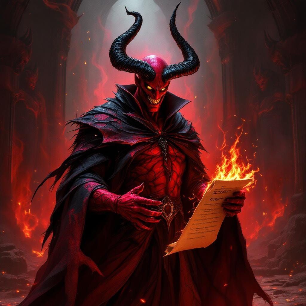 Menacing Portrait of Mephisto in Infernal Landscape