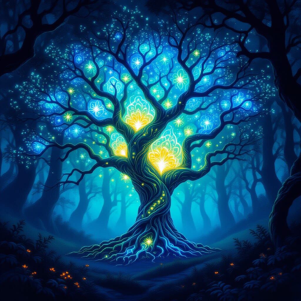Mystical Glowing Tree in Ethereal Forest