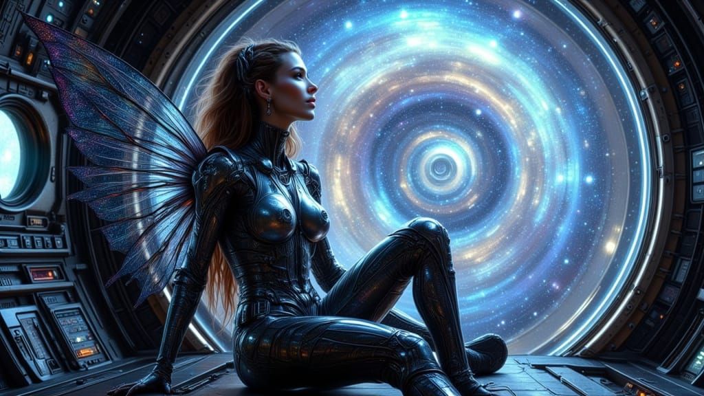 Cyborg Fairy Astronaut Gazing at Nebulae