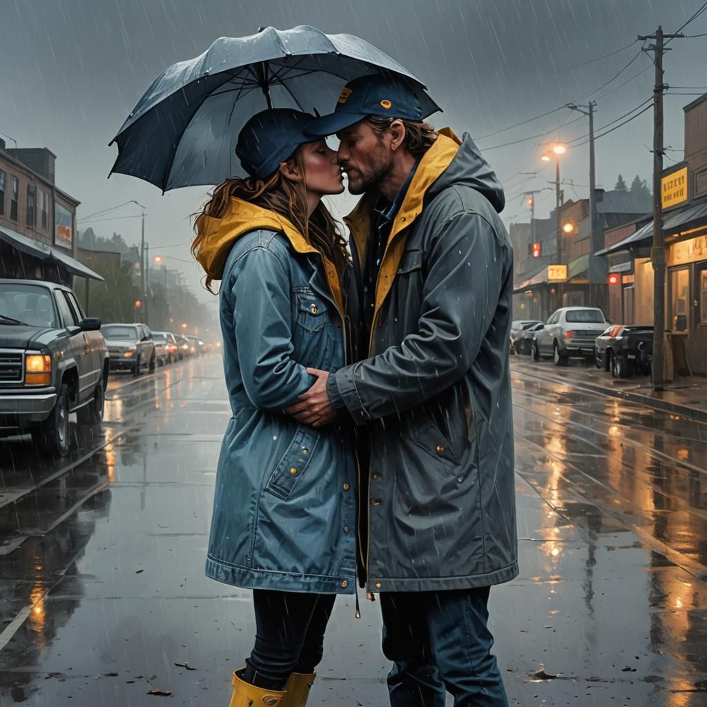 Romantic Kiss in Rainy Washington, Digital Painting