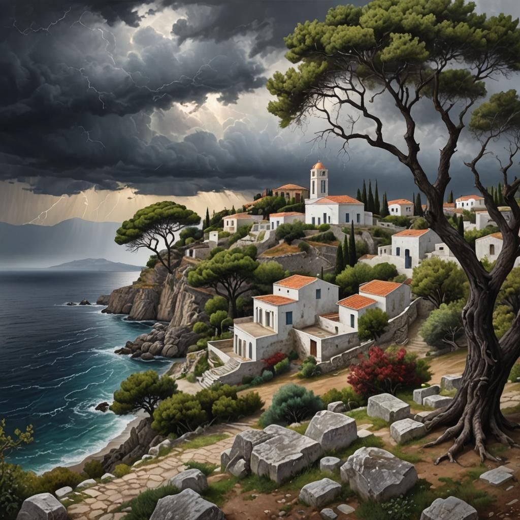 Stormy Greek Village: A Hyperrealistic Oil Painting
