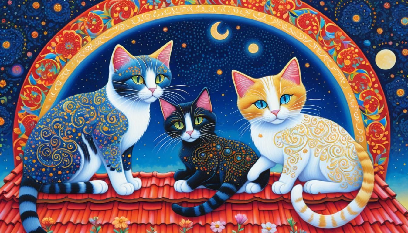 Whimsical Cats on Red Roof in Pointillism Style