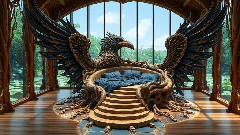 Ethereal Wooden Raven Bed in Majestic Waterfront Room