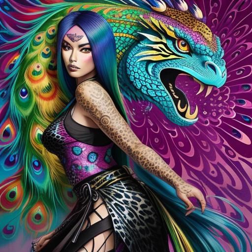 Colorful Dragon Scale Woman in Graffiti Art Style