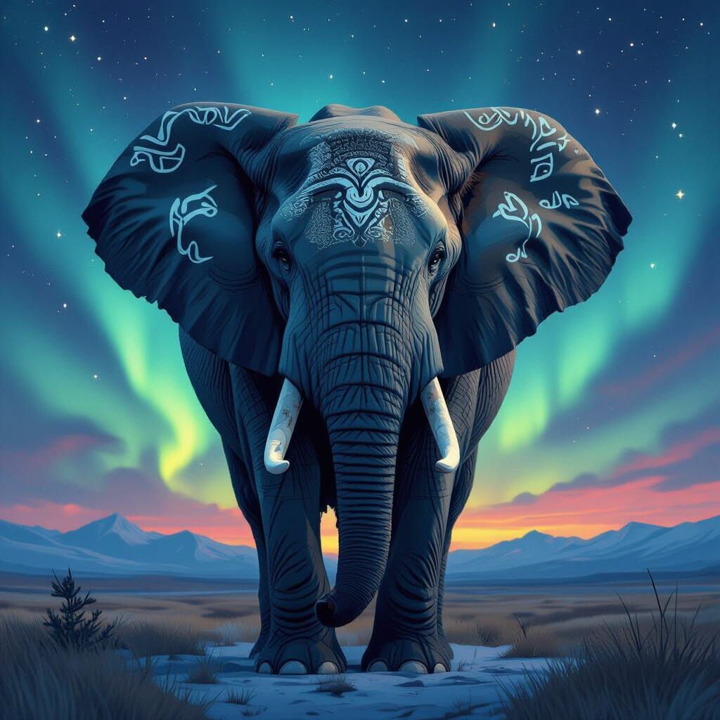 Elephant with Aurora Borealis and Tribal Markings