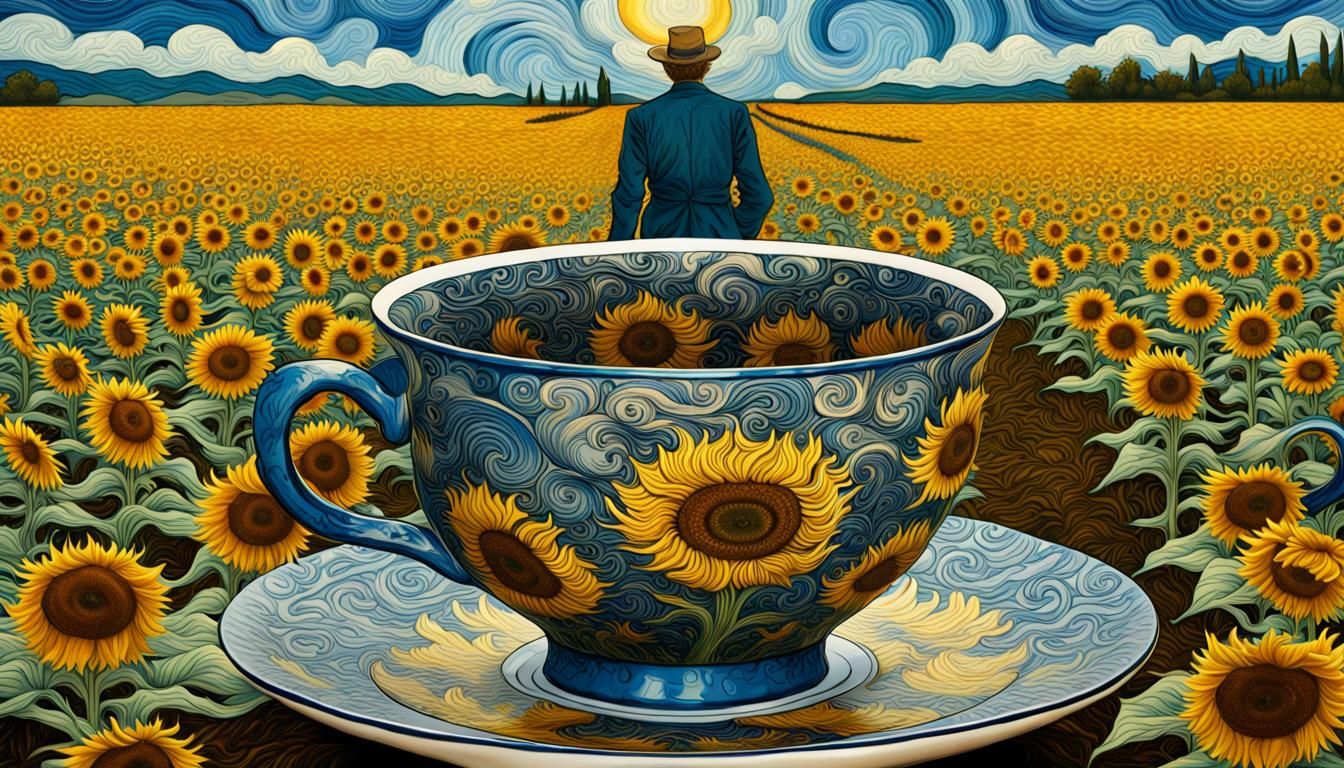 Surreal Van Gogh Stroll in Teacup, Psychedelic Art
