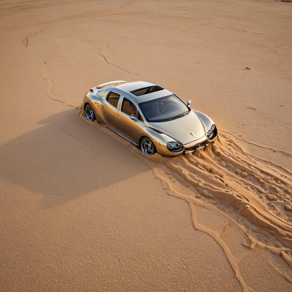 Surreal Car with Melting Wheels in Dream Landscape