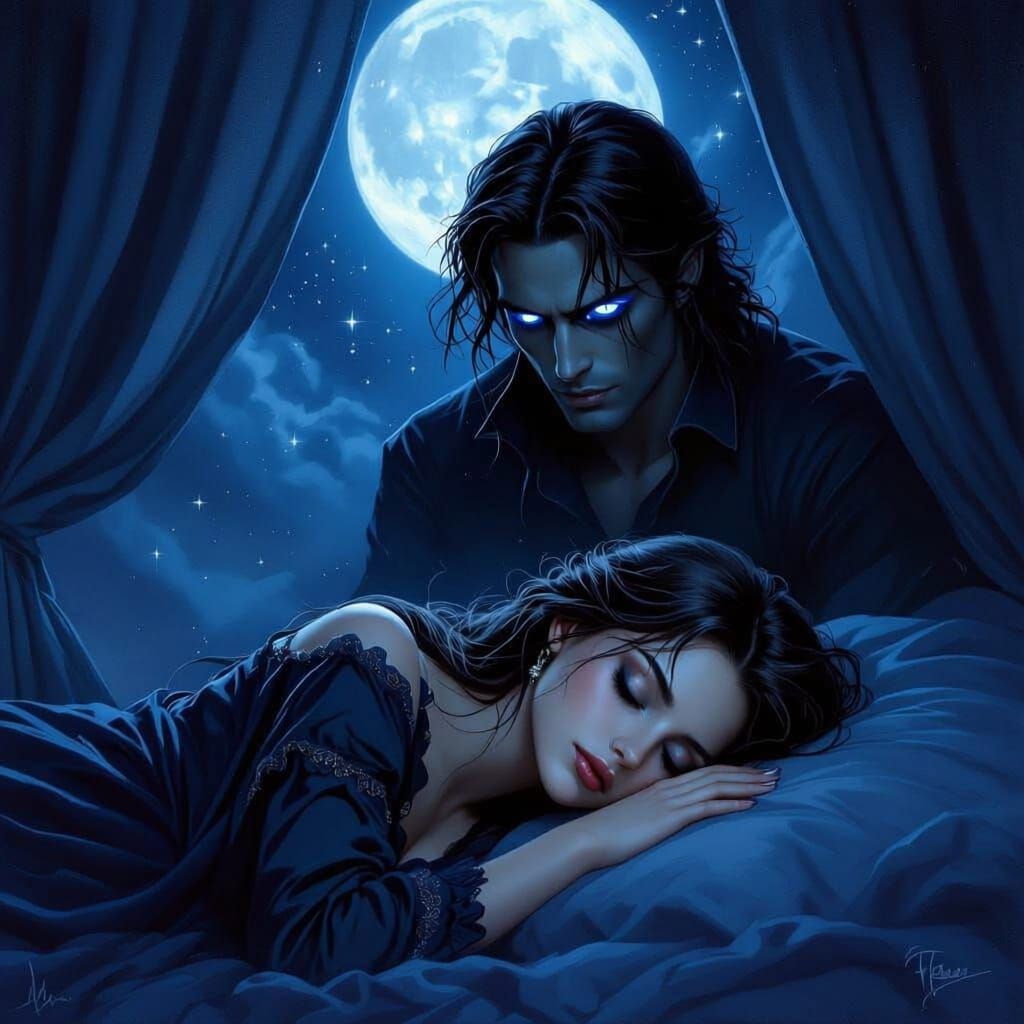 Dark Romantic Fantasy: Girl Sleeps Under Moonlight, Shadowy ...