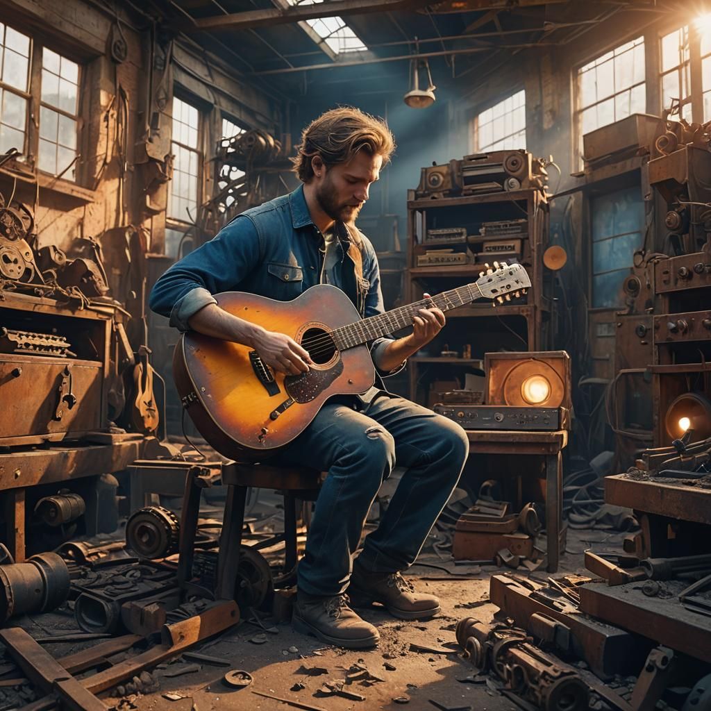 Guitar Maker in Dilapidated Factory: Fantasy Concept Art