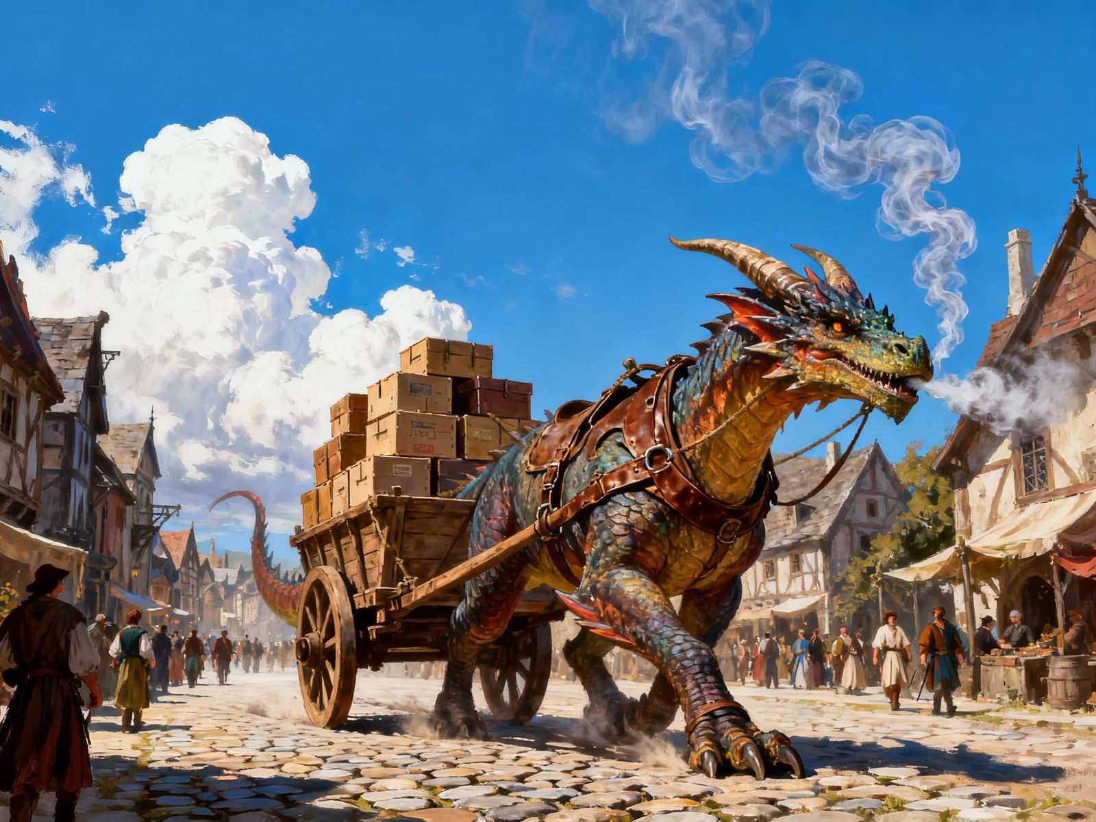 Dragon Pulls Cart Through Bustling Medieval Town