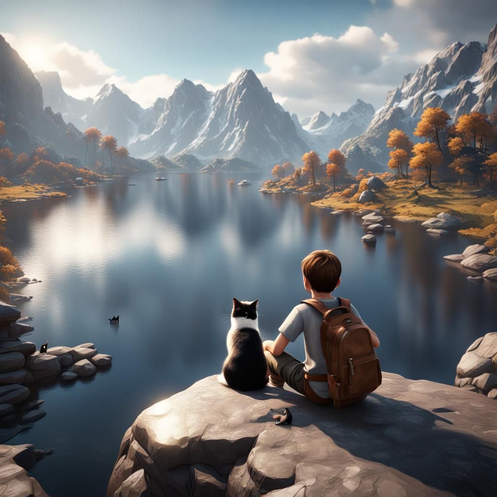 Boy and Cat Overlook Mountain Lake: 3D Game Art