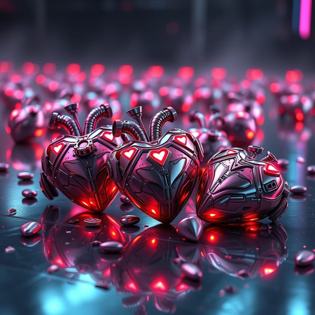Glowing Metallic Conversation Hearts in Futuristic Scene