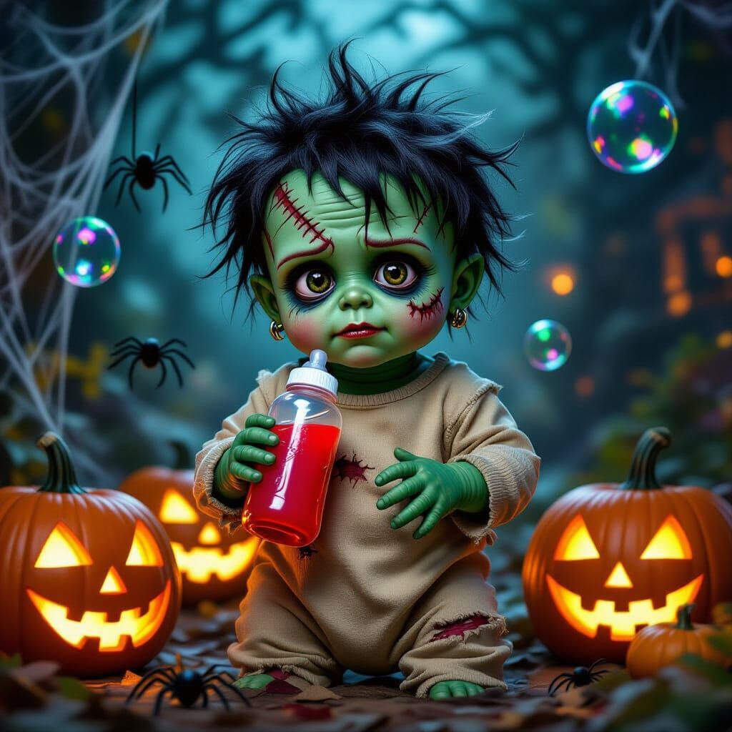 Baby Frankenstein Monster Holding Bottle in Halloween Scene
