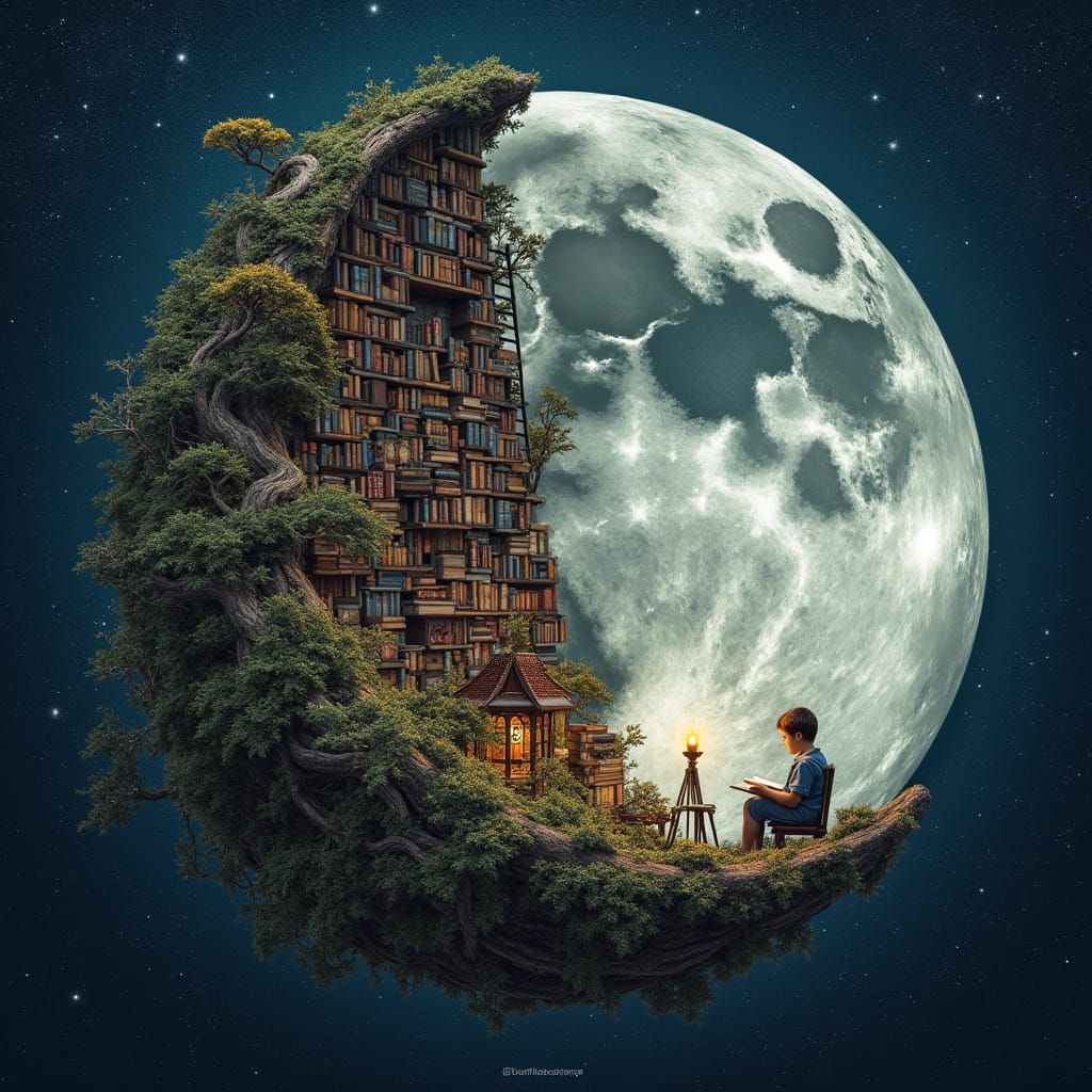 Surreal Library Scene Under Silver Moonlit Sky