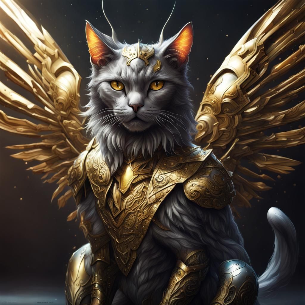 Armored Mystical Cat with Delicate Wings
