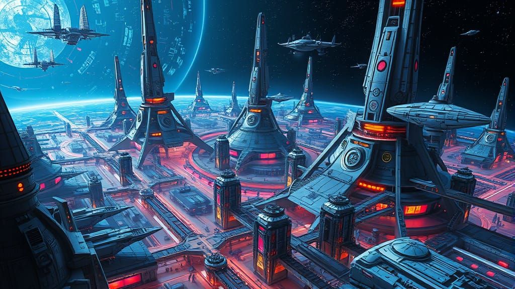 Surreal Futuristic Spaceport in Hyper-Realistic Cyberpunk St...