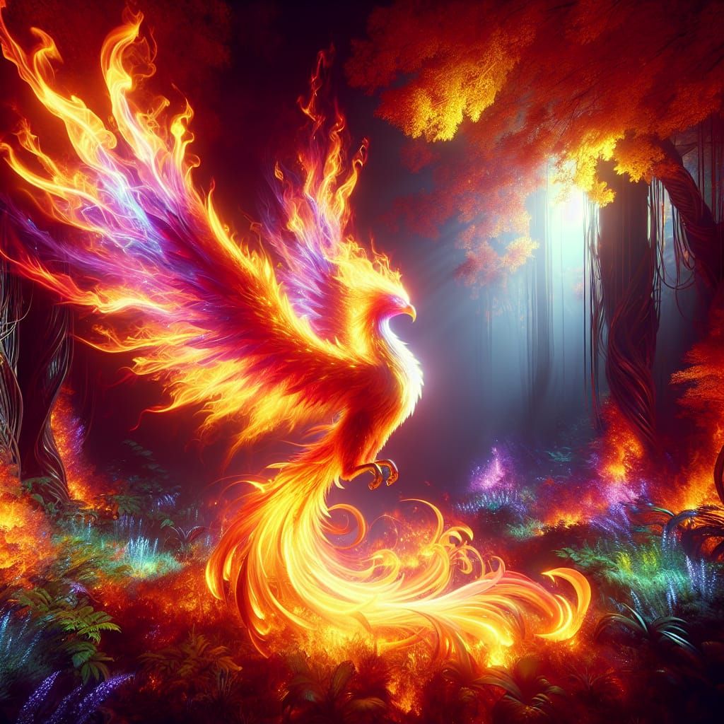 Fiery Phoenix in Enchanted Forest: Fantasy Concept Art