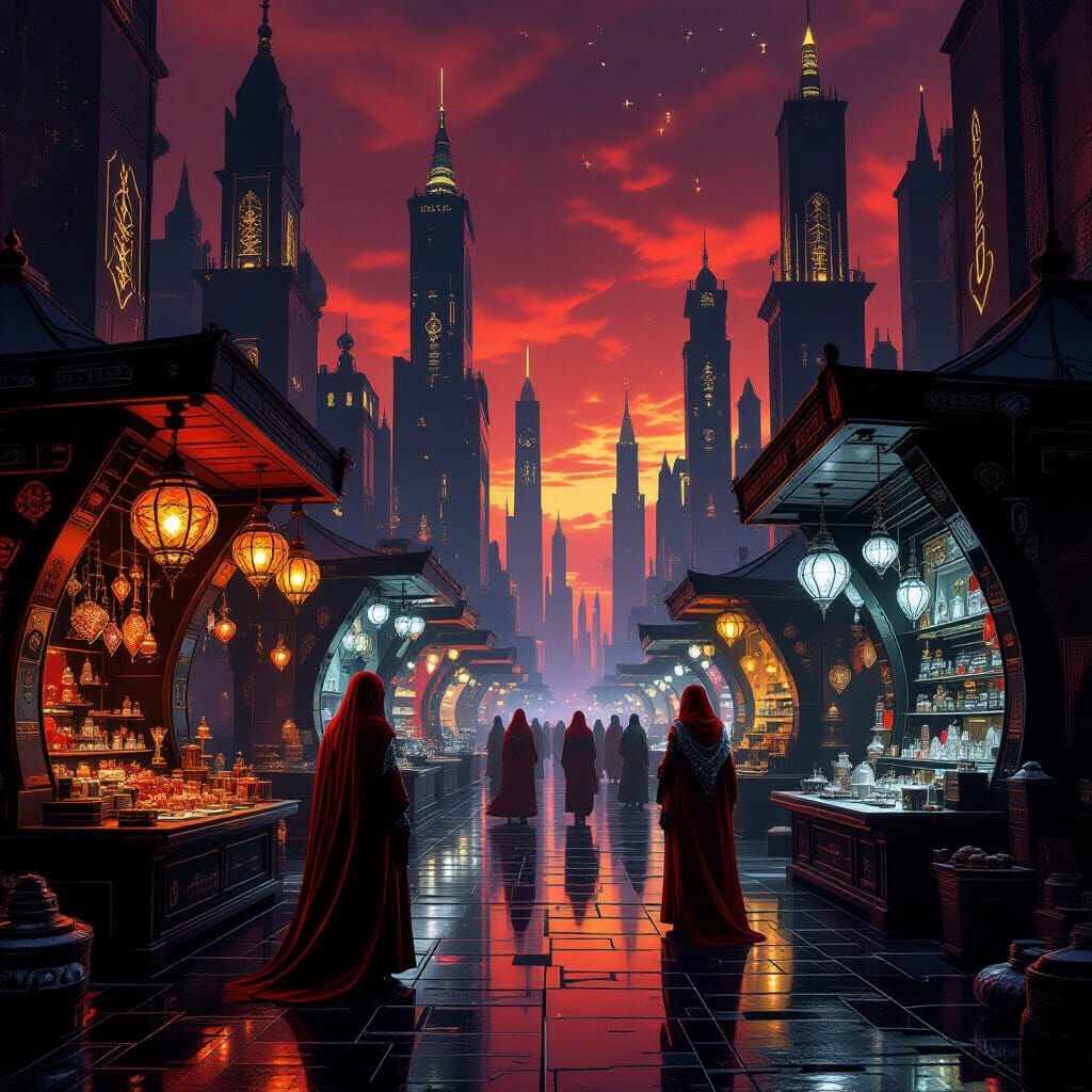 Extraterrestrial Bazaar Under Crimson Sky