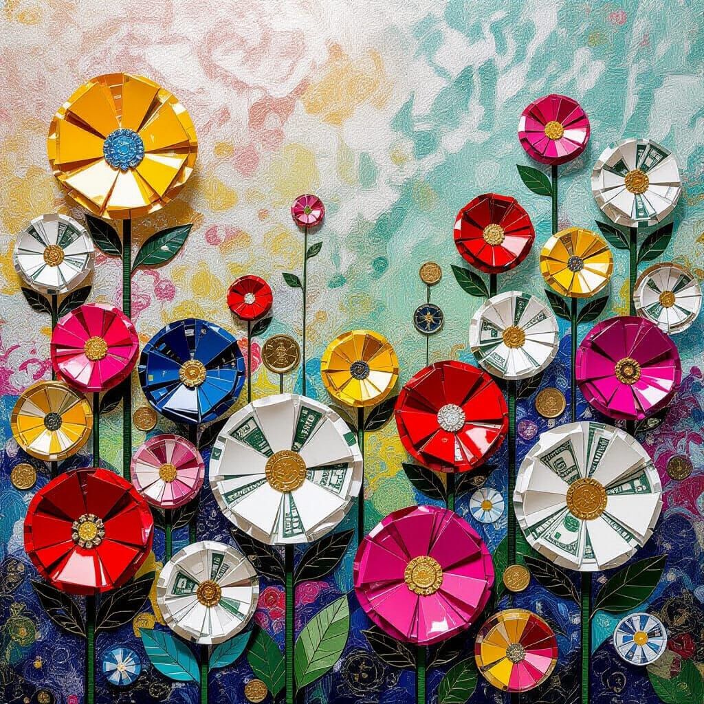 Money Flowers Bloom in Vibrant Abstract Garden