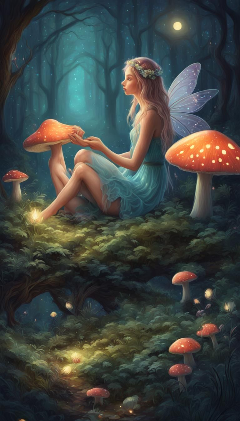 Fairy on Mushroom in Moonlit Forest: Ethereal Digital Art