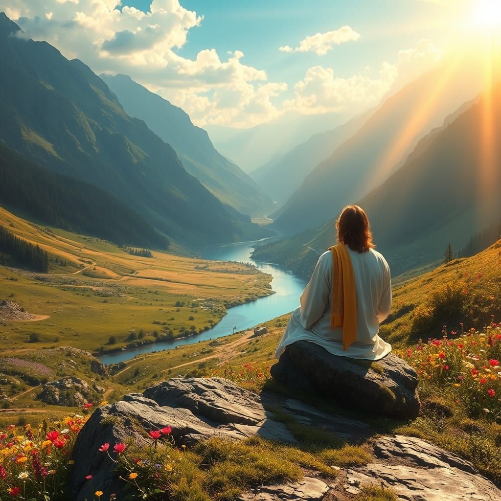 Jesus in a Peaceful Valley Scene, in a Dreamy, Ethereal Styl...