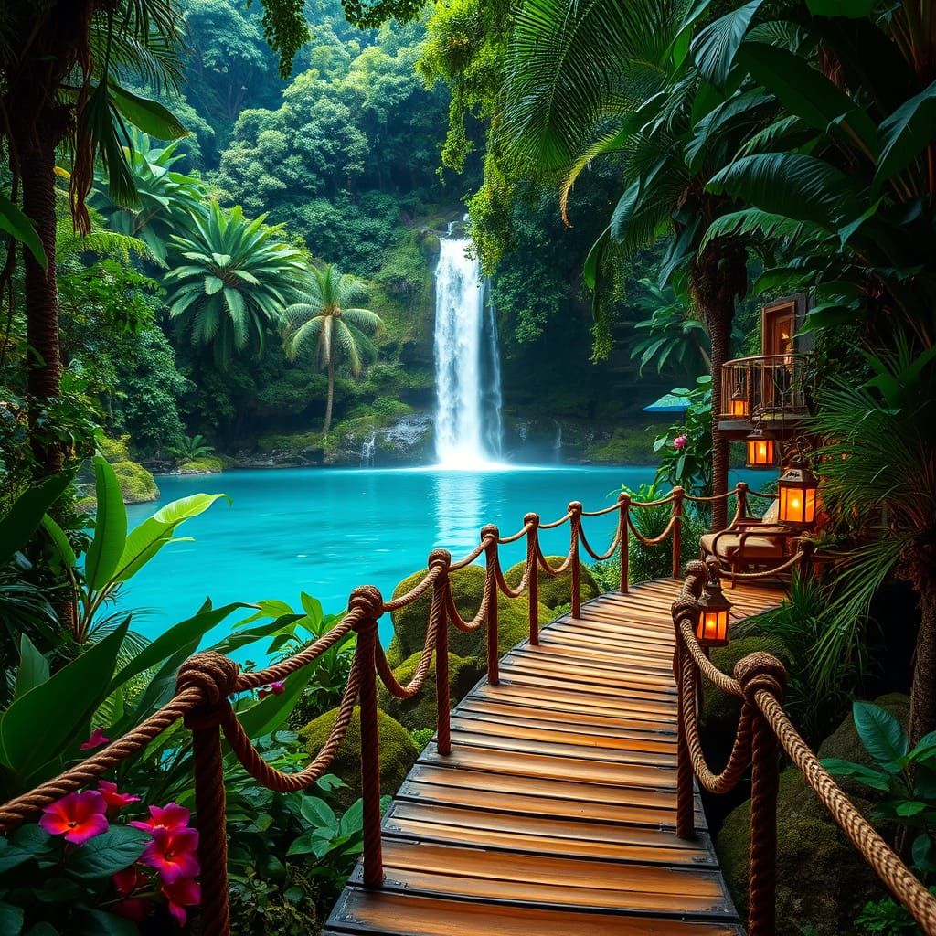 Lush Jungle Waterfall Resort in Atmospheric Lighting