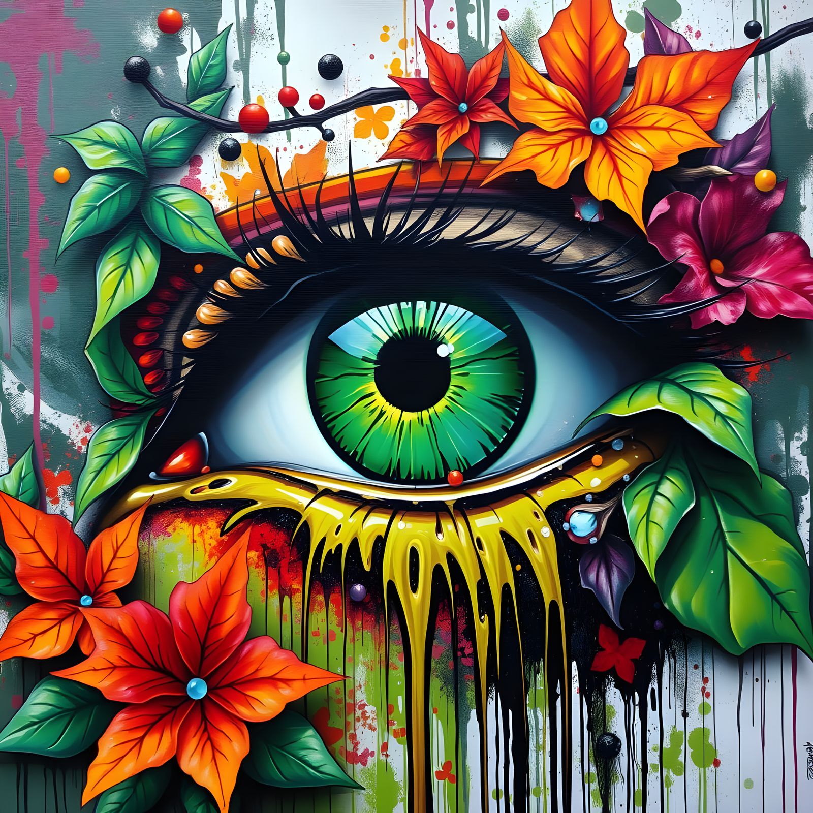 Vibrant Green Eye in Nature-Inspired Graffiti Art
